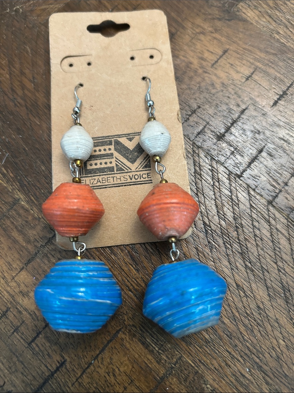 Blue, Orange & Cream Paper Bead Drop Earrings